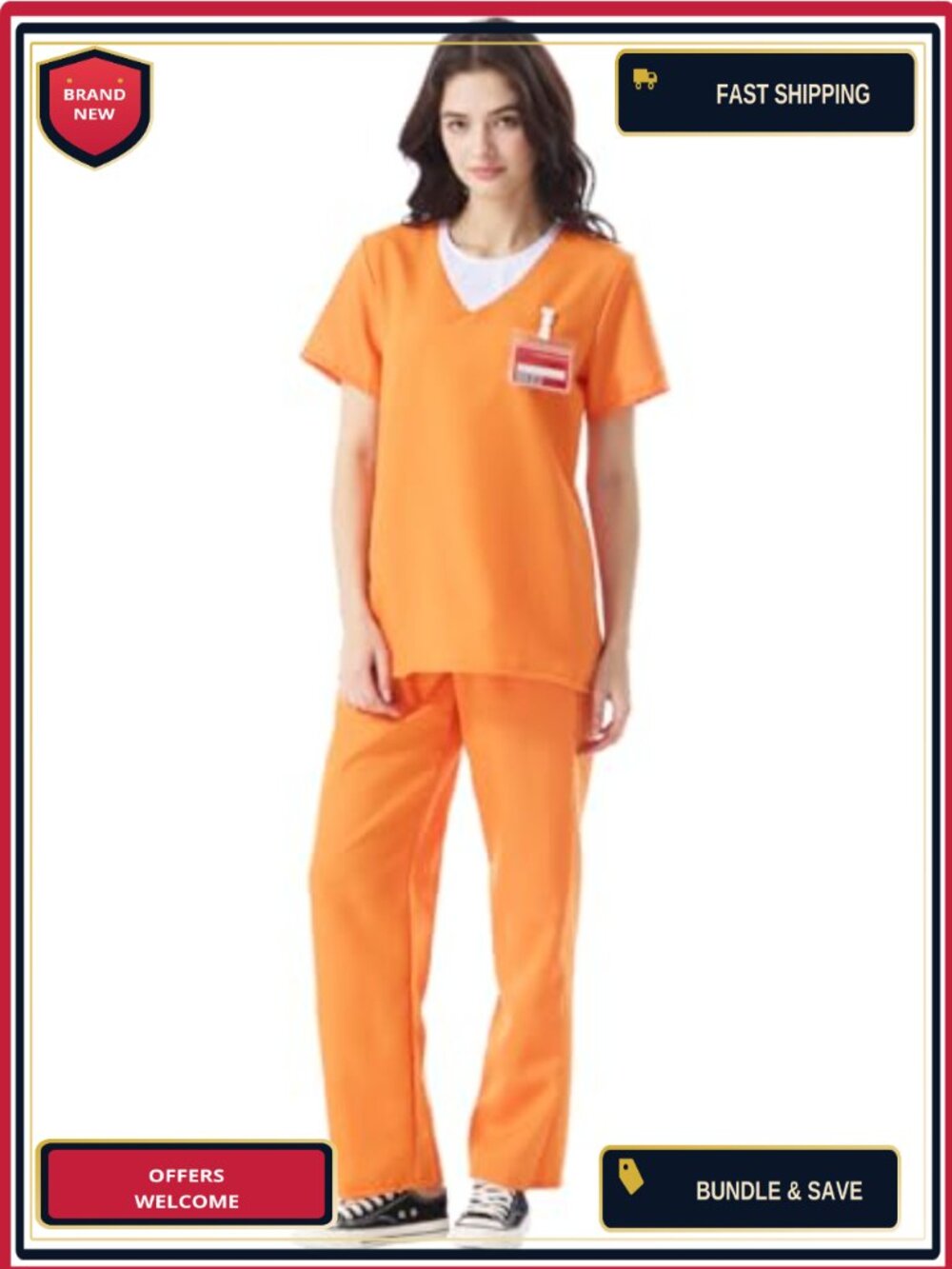 Adult Prisoner Halloween Costume Set Top Pants Name Badge